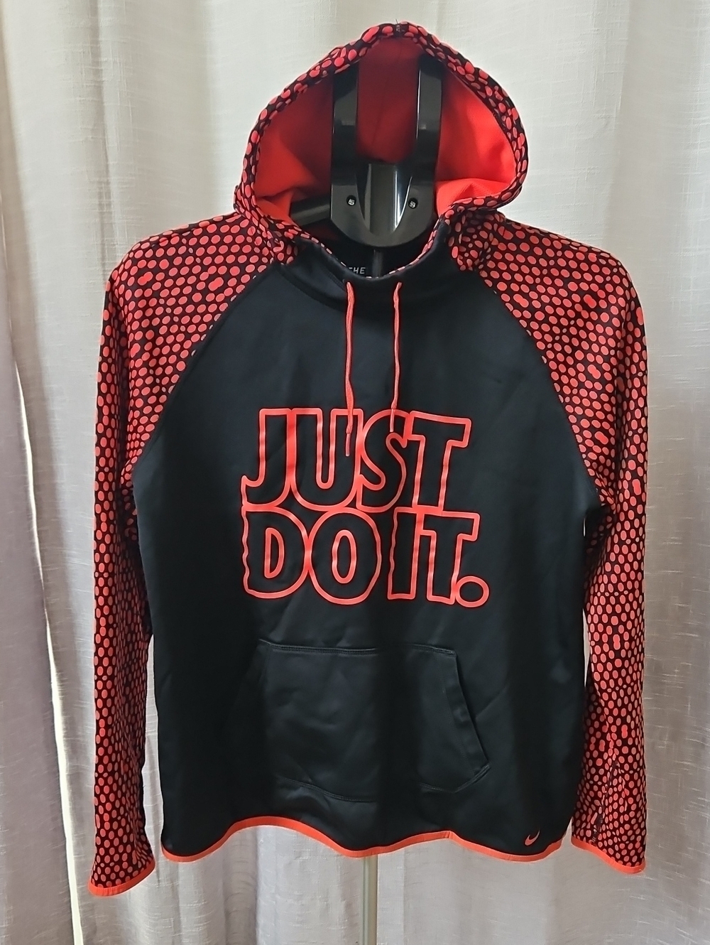 Nike Black Hoodie with Red Accents and Polka-Dot Sleeves
